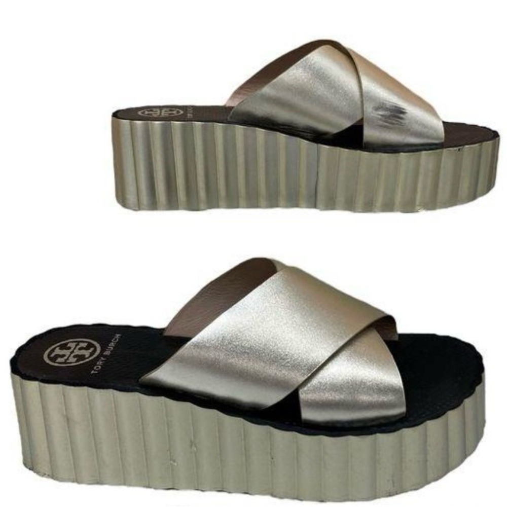 Tory Burch Gold Leather Slide On Cross Strap Summer Platform Sandals Size 11 - Picture 4 of 5